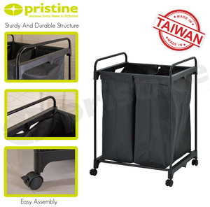 Double Compartment Laundry Cart Black Metal Frame PEVA <b>Storage</b> <b>Basket</b> for Bathroom Clothing Organizer - Product Image 3