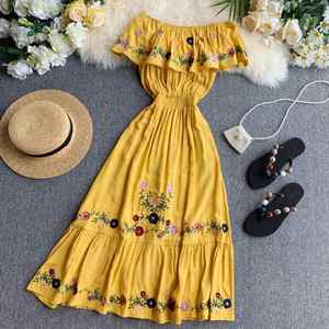 Longue robe d'été à épaules dénudées, tenue Maxi, brodée, de travail, pour femmes, grandes tailles, nouvelle collection 2019 - Product Image 1