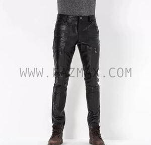Pantalon décontracté en cuir véritable, pour hommes d'affaires, coupe Slim, noir, - Product Image 1