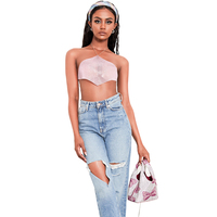 Débardeur court à épaules dénudées pour femme, Bustier Sexy sans manches, strass, couleur rose, collection été