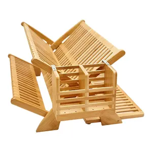 Bamboo Dish Drying Rack Kitchen Foldable Dish Drainer with Dual Tiers for Air-Drying Plates, Cups and Utensils Holder