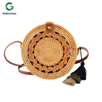Penjualan Panas Galaximex Tas Tangan Bulat Anyaman Rotan Buatan Tangan dengan Kulit Warna Alami Desain Kustom 20x7cm untuk Wanita Grosir