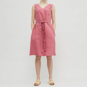 Trending latest design pink color crepe <b>fabric</b> v-neck sleeveless knee-length for girls <b>linen</b> dress - Product Image 1