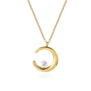 SP Gold Silver Moon Shape Necklace Simple Design Dainty Pendant Dainti Drop Moon Necklace