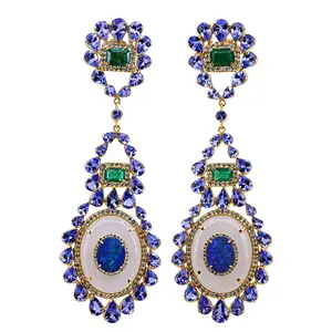 Pure 18K Yellow Gold Diamond Dangle Earrings Natural Emerald Opal Moonstone Tanzanite Fine Jewelry Accessories Manufacturer