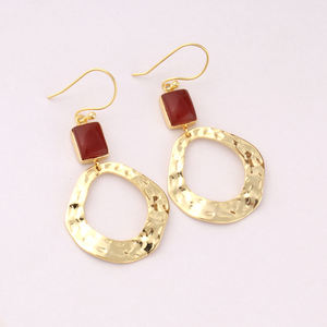 Bijoux de mode fins, boucles d'oreilles en cornaline naturelle avec breloque martelée, pendants suspendus, plaqué or, crochet goutte, bijoux - Product Image 1