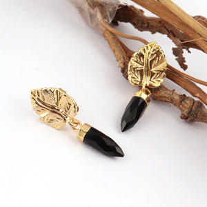 Natural Pencil Shape Black Onyx <b>Leaf</b> Designer Earring Brass Gold Plated Earring Drop Dangle Non Tarnish <b>Jewelry</b> Earrings - Product Image 1