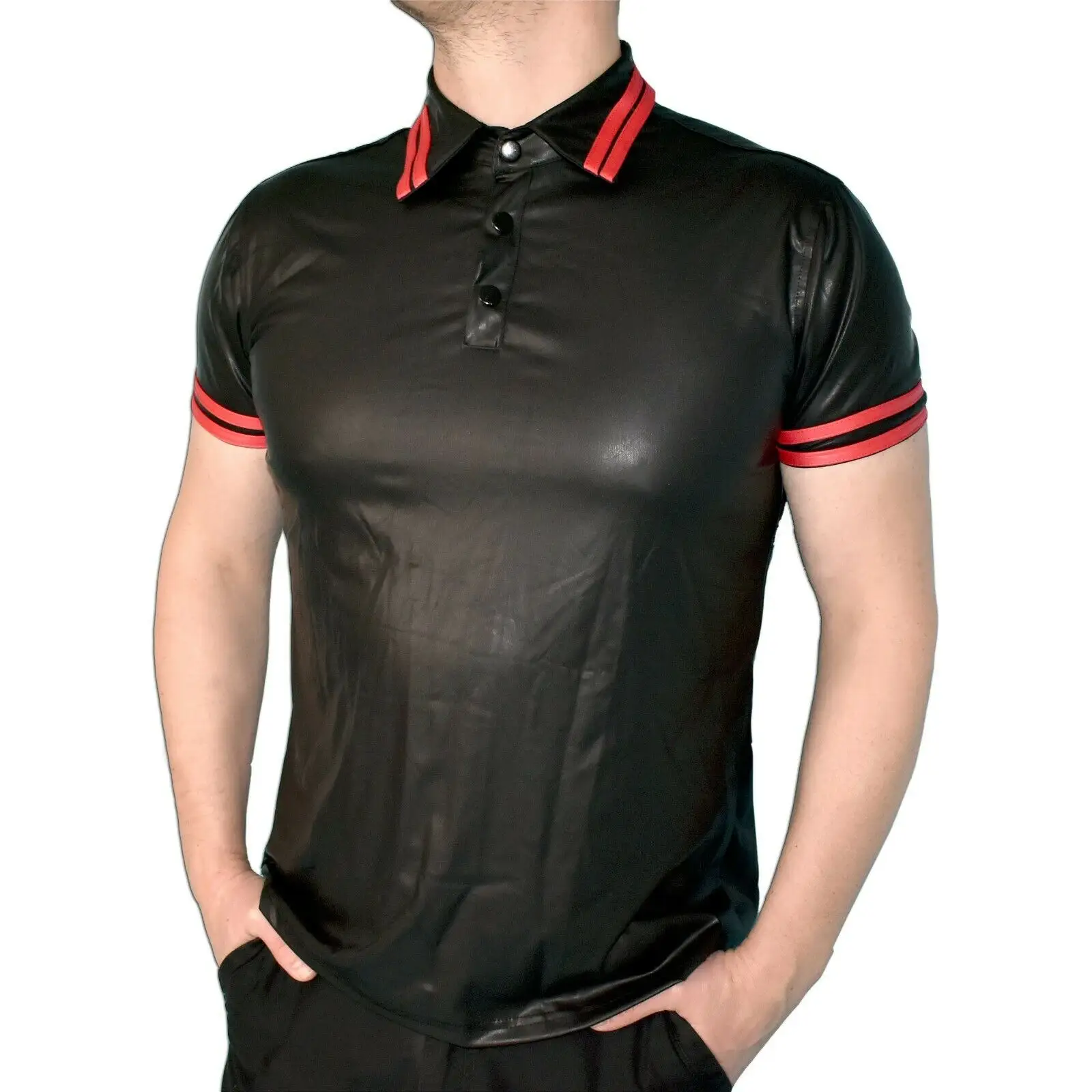 Polo aspect cuir souple taille S ou L avec rayures vinyle chemise haut Clubwear Costume justaucorps Gays vêtements