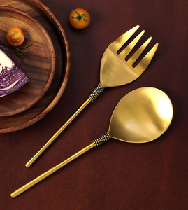 Antique Gold <b>Salad</b> <b>Spoon</b> Fork Set with Textured Handle Perfect for Elegant Dining Modern Serveware Gift Collection - Product Image 3