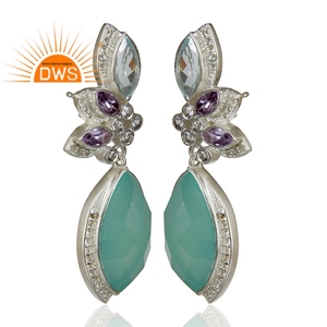 Boucles d'oreilles uniques en chalcédoine aqua marquise, pierres précieuses, fabrication artisanale indienne, argent sterling fin, boucles d'oreilles pendantes, fournisseur de bijoux - Product Image 2
