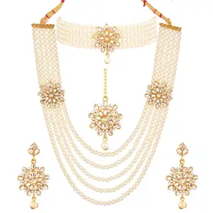 Indian Jewellery Crystal Faux Pearl Beaded Strand Choker Necklace Earrings Maang Tikka Jewelry Manufacturers, White