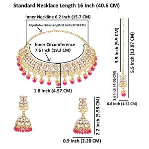Dahua — ensemble de bijoux indiens en cristal pour femmes, en fausses perles florales, collier ras du cou, boucles d'oreilles macangtikka, rose foncé, vente en gros - Product Image 2