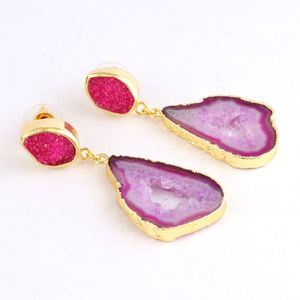 Customized 24K Gold Electroplated Double Stone <b>Stud</b> Dangle Earrings Pink Geode Slice Sugar Druzy Drop Earrings for Gift - Product Image 4