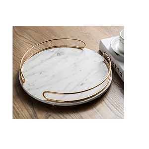 Premium Custom Size Round <b>Marble</b> Food Serving <b>Tray</b> with Metallic Handle Royal Kitchen Decorative <b>Tray</b> Hot Sell for Home Use - Product Image 1