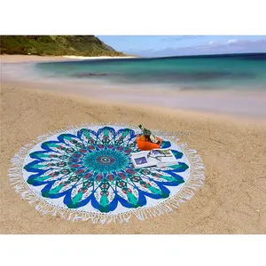 Hot Blue Feather Mandala Printed Table Cover Picnic Beach Mat Wall Hanging Tapestry Round Beach Throw with White Tassel Lace 72"