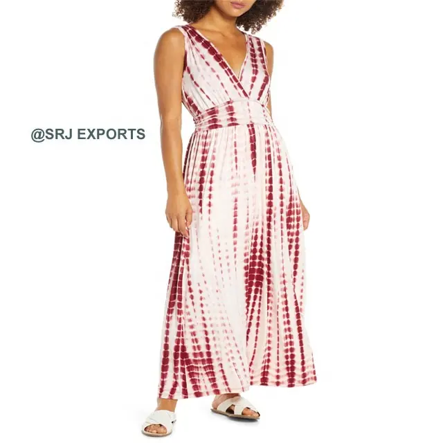 Đầm Maxi Nữ Cổ Chữ V Cắt Thấp 2020 Rayon Trang Phục Thanh Lịch Màu Nhuộm Cà Vạt Dài Mùa Hè 100%