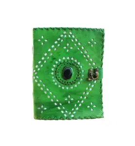 Indian Handmade Fancy Cut work Embroidery Needlework Embossed Green Color Diary 1 Stone Attached at Center Leather Journal