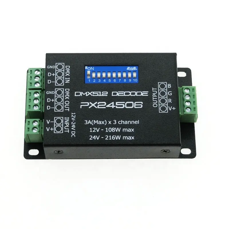 PX24506 DMX512 डिकोडर चालक 9A DMX 512 एम्पलीफायर नियंत्रक DC12V 24V आरजीबी एलईडी पट्टी प्रकाश टेप दीपक मॉड्यूल का नेतृत्व किया