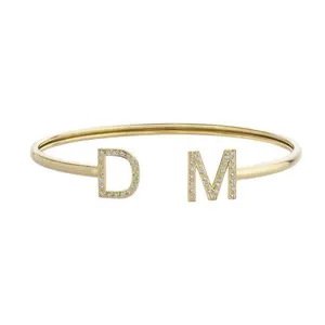 Pulseira de ouro 14K maciça com letras D M e diamante natural, pulseira de ouro amarelo com pingente e letras iniciais, joalheria para fabricante