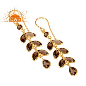Pendientes de hoja de piedra preciosa de cuarzo ahumado Natural, joyería chapada en oro, proveedor de joyería de plata de ley 925 - Product Image 2
