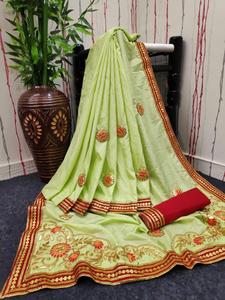 Sari en tissu de soie Dola avec travail à la main Gota Patti et travail au fil et bordure en dentelle lourde pour mariage et occasions spéciales - Product Image 4