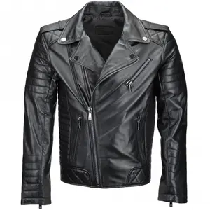 Wholesale 2024 Best Quality Mens Leather jacket Side Zip Ribbed Leather Biker Jacket Black