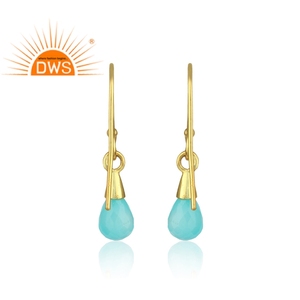 Boucles d'oreilles pendantes tendance en argent sterling plaqué or jaune avec pierre précieuse en calcédoine aqua pour mariage, fête et cadeau - Product Image 3