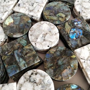 Rainbow Moonstone Point Onyx Crystal Pink <b>Agate</b> <b>Coasters</b> | Natural Moonstone Ring Black Marble <b>Coaster</b> Set Gemstone Decor - Product Image 5