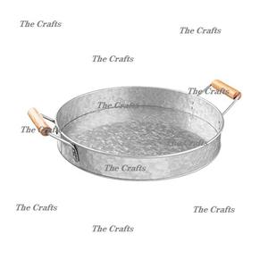 Galvanized <b>Snacks</b> <b>Tray</b> With Wooden Handles Highest Quality Round Shape Serving <b>Tray</b> At Reasonable Prices - Product Image 4