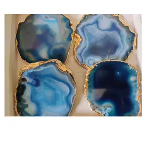 Polished Natural Agate Slice Holder Coaster with Gold Rim For Drinks Cup Holder Agate Coater latest design