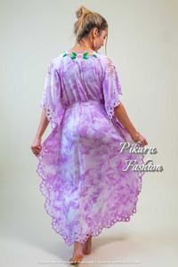 Mujeres manga corta Tie & Dye Floral bordado cuello pico piso longitud Kaftan - Product Image 6