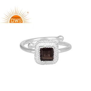 Square Cut Smoky Quartz Gemstone Stackable Ring Jewelry Supplier Silver Fine 925 Sterling Silver Designer Ring Jewelry