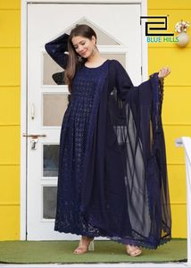 Hot Selling Readymade Indian Wear Anarkali Sequenz Chikankari Stickerei Kurti mit Dupatta Set für Mädchen Damen schwarze Farbe