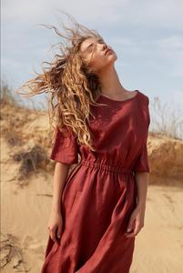 Maroon Linen A-Line Midi <b>Dress</b> O-Neck Short Sleeve <b>Elastic</b> Waist Regular Fit Formal Summer Woven Solid Color Breathable Cotton - Product Image 6