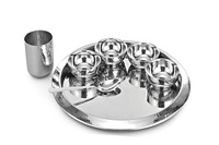 Service de table international King en acier inoxydable avec poignée en cuivre, service de table traditionnel comprenant un plateau Thali, 14 bols en verre et une cuillère