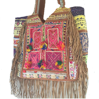 Sac fourre-tout décontracté pour femme en cuir véritable avec broderie en coton, pompons, perles et sequins, fermeture éclair, deux anses, style vintage glamour