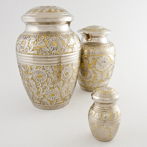 Floral Engraved Design Gold and Silver Aluminum Adult Cremation Urn with <b>Matching</b> Candle <b>Sticks</b> Handmade Metal Funeral Urn - Product Image 2