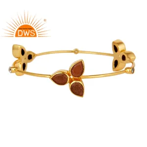 Yellow Gold Plated Sun Stone and CZ Fashion Stackable Bangle Indian Brass Jewellery Manufacturer Vintage Collection