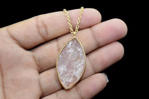92.5 Sterling Silver 18\" <b>Long</b> Handmade Beautiful Raw Rose Quartz Marquise Shape <b>Gold</b> Polish for Wedding Religious Perfect Gift - Product Image 3