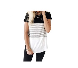 Diseño a rayas de manga corta contraste de colores camisetas a la venta por encargo ropa deportiva de alta calidad ropa de mujer Camisetas - Product Image 1