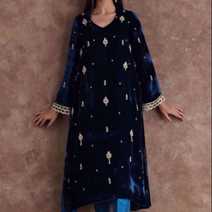 --NEW ELEGANT EMBROIDERY ON VELVET LONG KAMEEZ, STYLISH <b>PANT</b> DRESS--for Party-WEAR & WEDDING @ 2021 - Product Image 1