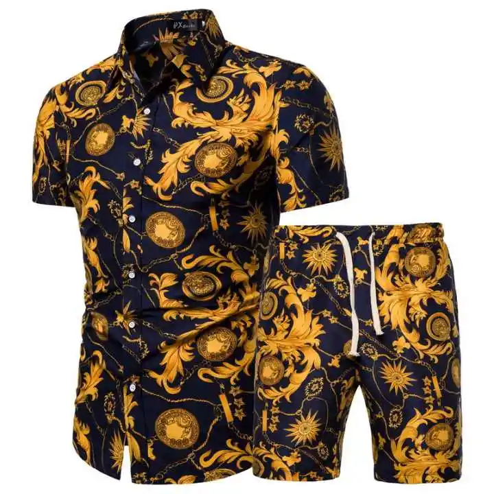 Moda erkek gömlek/kısa Set hawaii baskılı yaz düğmesi kısa kollu gömlek plaj şortu rahat Streetwear 2 parça takım elbise