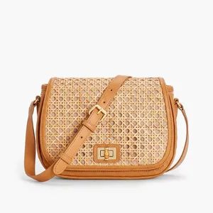 Fashionable Modern Classy Women's Hand Shoulder Tote Bag Made Of The Rattan Sheet Combined With The Original Cow Leather