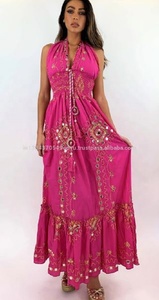 Fuchsia Bohemian Embroidered Organza Maxi Dress Halter Neck Loose Sequin Decoration Floral Print A-Line Plus Size Summer - Product Image 2
