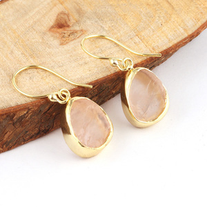 Pendientes de cuarzo rosa natural para mujer, Arete de gota hecho a mano, chapado en oro, piedra de nacimiento, moda, gran oferta - Product Image 3