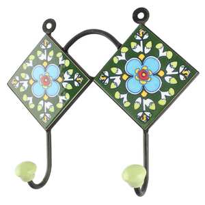 Green Ceramic Floral Oilproof Clothes Wall Hook Bag Holders Bag Hangers Durable Indian Craft - Product Image 1