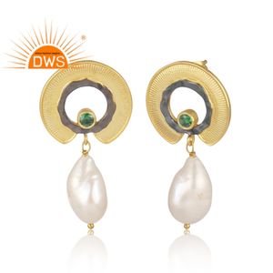 Fabricante y Proveedor de Joyería de Aretes Colgantes de Latón Chapado en Oro de 18k con Circonita Cúbica y Perla - Product Image 2