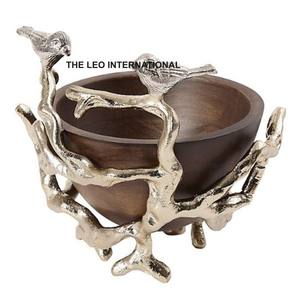 Bol décoratif à deux compartiments en acier inoxydable et laiton, texture martelée, avec poignée, motif feuille, forme ronde, élégant - Product Image 3