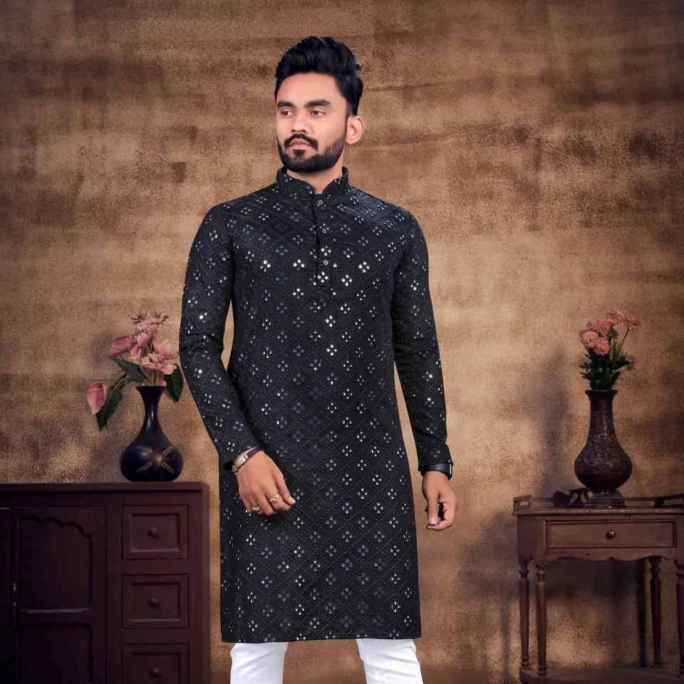 indian wear Try a desi boy look with this timeless Multicolour mens pure cotton kurta with embroidery mirror work with bottom