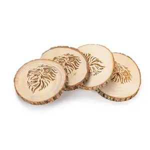 Natural Wood Custom Coasters 4.0"-4.9"Set of 4(Lion) Unfinished Cut Camphor Wood Thick Wood Slices Circles with Tree Bark